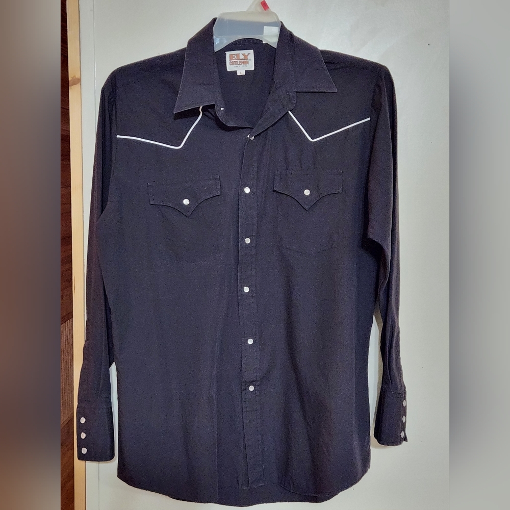 Ely Cattleman Black Dress Shirt Pearl Snap with White Accent Trimming Western